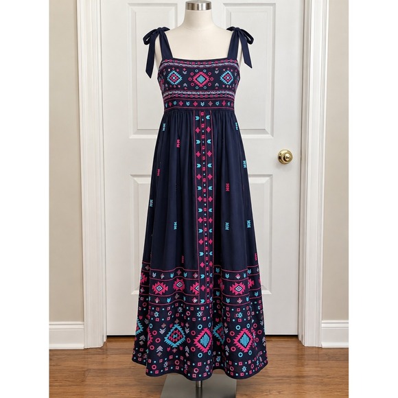 Savanna Jane Tops - Boho Southwest Embroidered Maxi Dress Tie Strap Navy Savanna Jane L